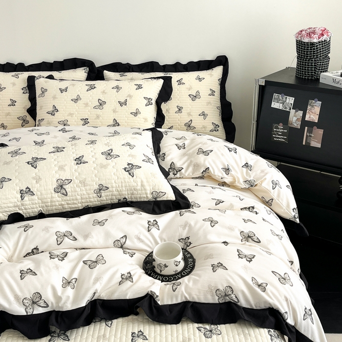 91家纺网 家纺一手货源 找家纺 （总）亿品家纺 2025新款亲肤舒适黑花边床盖四件套