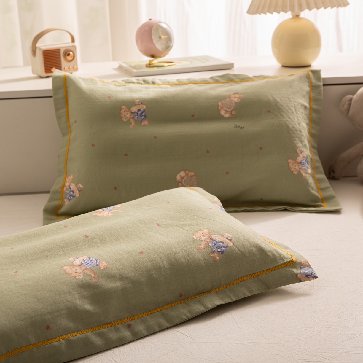 91家纺网 家纺一手货源 找家纺 萌番宝 2025新款A类全棉纯棉水洗双层纱卡通儿童单枕套信封枕单枕套 枕套单件 星星小熊