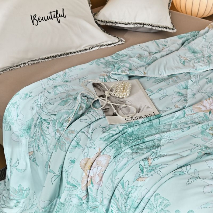 91家纺网 家纺一手货源 找家纺 佳居缘 2025新款A类冰氨双面数码印花凉感夏被 锦绣-绿