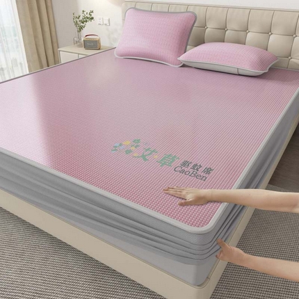 福来临家纺 2025新款艾草驱蚊席三明治款-床席款-床笠款 粉床笠款