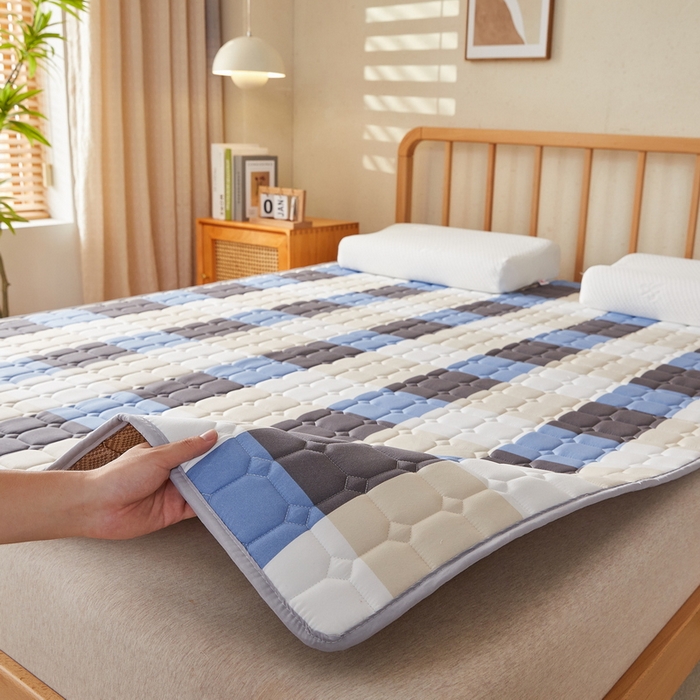 91家纺网 家纺一手货源 找家纺 迪乐妮 2025新款双面可用抑菌冰丝床褥爬爬垫-大床图 蓝大格