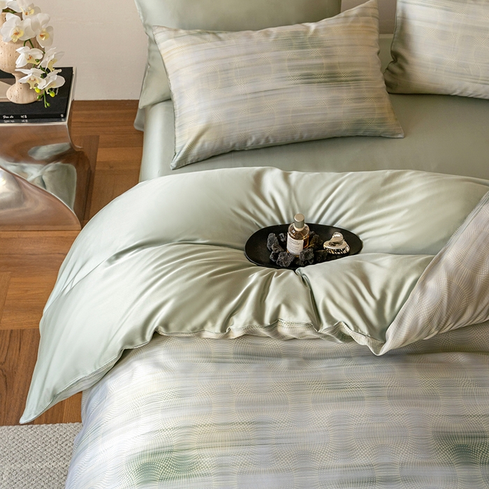 91家纺网 家纺一手货源 找家纺 沐晴家纺 2025春夏新款纯色数码印花60兰精天丝四件套 卡西纳-绿