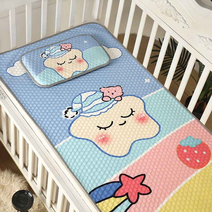 91家纺网 家纺一手货源 找家纺 沁童儿童用品店 2025新款儿童冰豆豆凉席两件套 彩虹星星