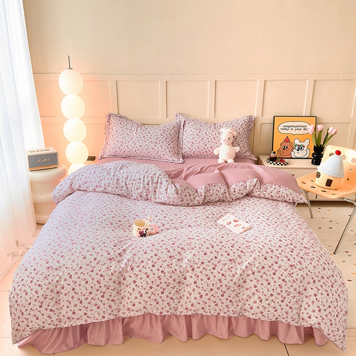 91家纺网 家纺一手货源 找家纺 人人爱 2025新款有氧针织棉双层纱床盖款四件套 花语粉