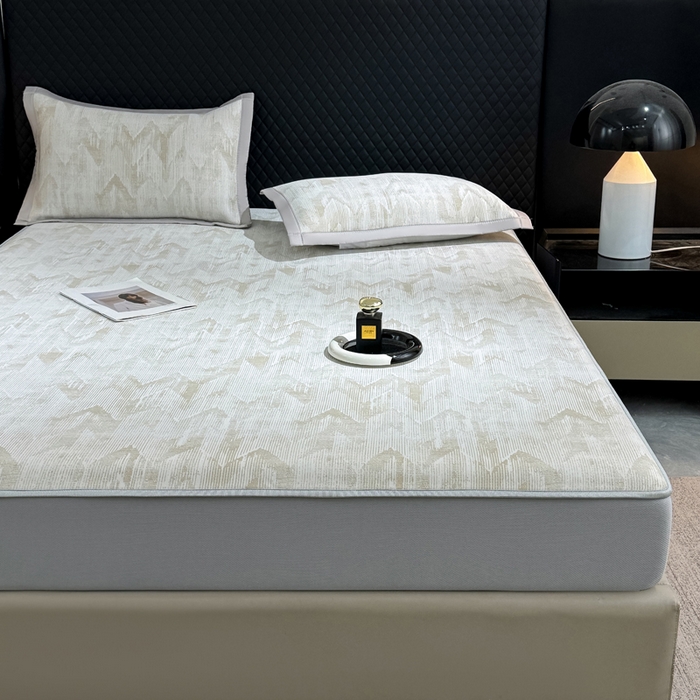 91家纺网 家纺一手货源 找家纺 小萌虎 小萌虎 2025新款PE高分子乙纶提花凉感凉席床席款床笠款 山溪-咖（床笠款）