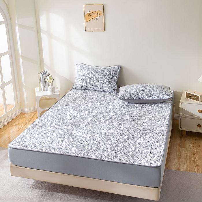 91家纺网 家纺一手货源 找家纺 鑫姿席业 2025新款A类凉感冰豆豆席 雅致床笠款-冰深蓝