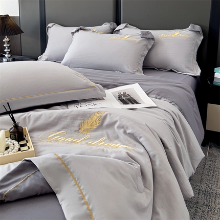 灰鲸 2025春夏新款轻奢轻羽刺绣水洗棉夏被四件套系列 轻羽-纳多灰+山灰