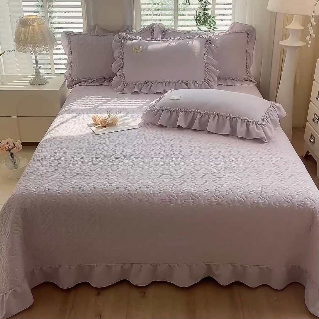91家纺网 家纺一手货源 找家纺 花香四季家纺 2025新款泡芙小姐双层纱华夫格柔棉夹棉绗缝床盖床垫子单件三件套 泡芙小姐-紫