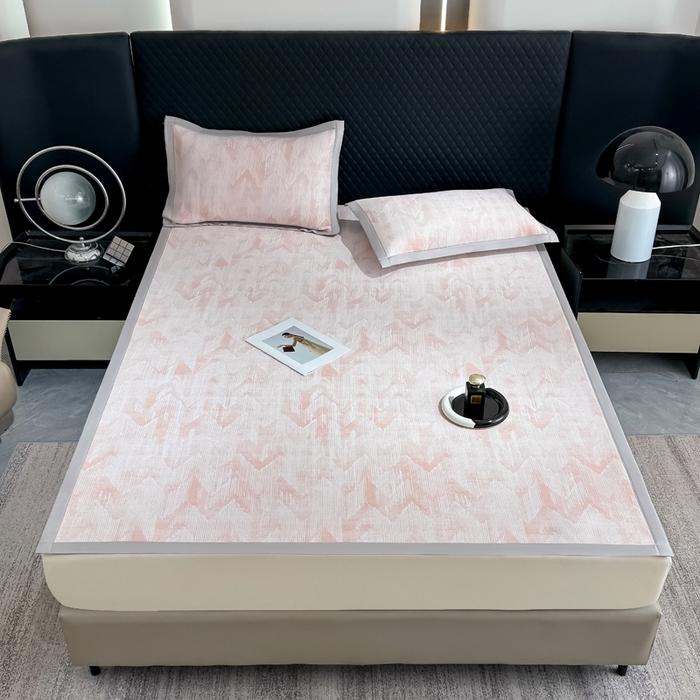 91家纺网 家纺一手货源 找家纺 小萌虎 小萌虎 2025新款PE高分子乙纶提花凉感凉席床席款床笠款 山溪-粉（床席款）