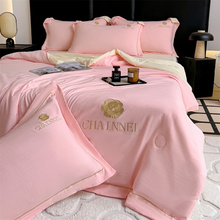 灰鲸 2025新款轻奢赛琳水洗棉刺绣夏被四件套系列 赛琳-樱花粉+奶油黄