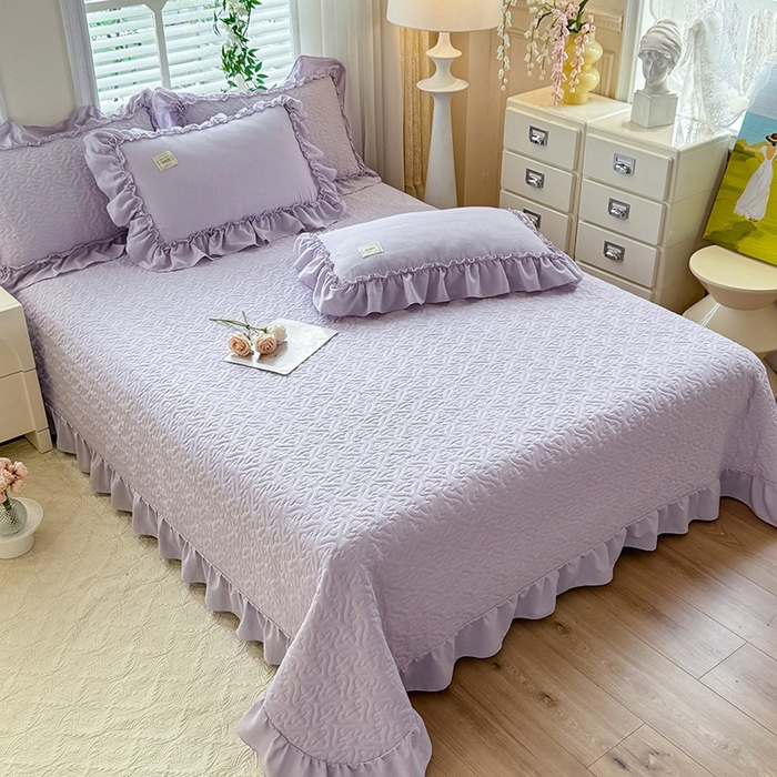 91家纺网 家纺一手货源 找家纺 花香四季家纺 2025新款泡芙小姐双层纱华夫格柔棉夹棉绗缝床盖床垫子单件三件套 泡芙小姐-紫