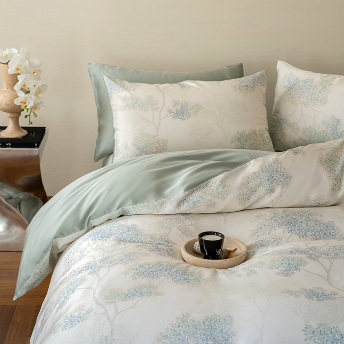 91家纺网 家纺一手货源 找家纺 沐晴家纺 2025春夏新款纯色数码印花60兰精天丝四件套 如愿-绿