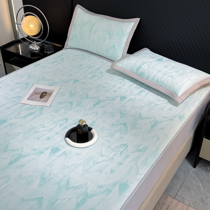 91家纺网 家纺一手货源 找家纺 小萌虎 小萌虎 2025新款PE高分子乙纶提花凉感凉席床席款床笠款 山溪-蓝（床笠款）