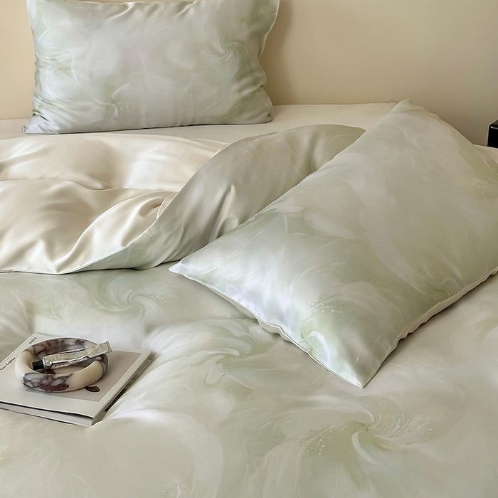 91家纺网 家纺一手货源 找家纺 沐晴家纺 2025春夏新款纯色数码印花60兰精天丝四件套 莫斯-绿