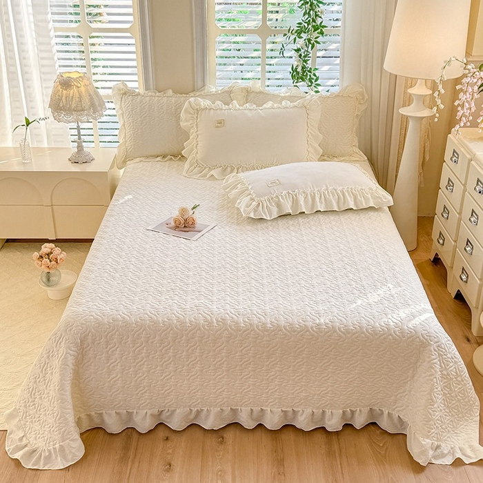 91家纺网 家纺一手货源 找家纺 花香四季家纺 2025新款泡芙小姐双层纱华夫格柔棉夹棉绗缝床盖床垫子单件三件套 泡芙小姐-奶油黄