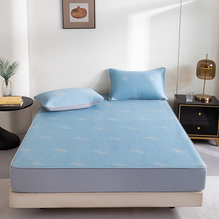 91家纺网 家纺一手货源 找家纺 2025新款山茶花系列冰豆豆凉席 山茶花床笠款-蓝