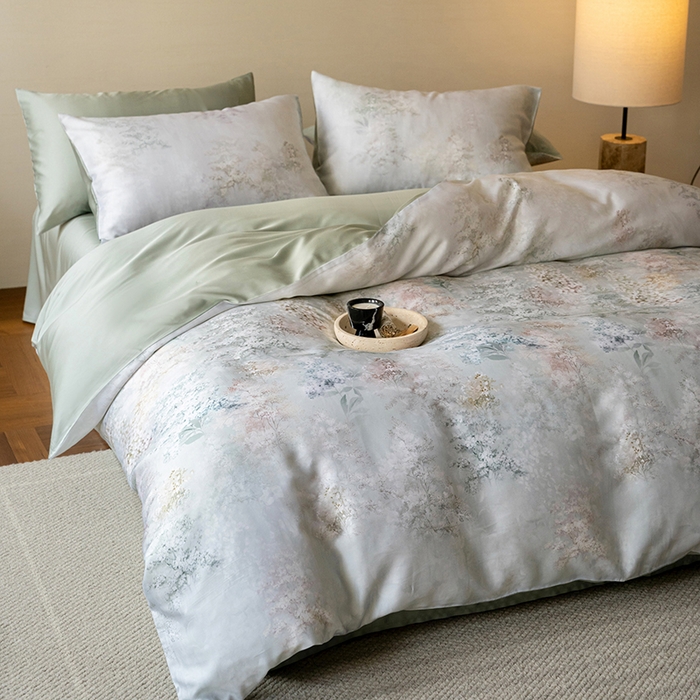 91家纺网 家纺一手货源 找家纺 沐晴家纺 2025春夏新款纯色数码印花60兰精天丝四件套 栖舟-绿