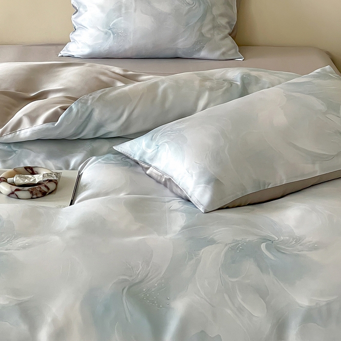 91家纺网 家纺一手货源 找家纺 沐晴家纺 2025春夏新款纯色数码印花60兰精天丝四件套 莫斯-蓝