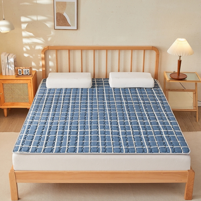 91家纺网 家纺一手货源 找家纺 迪乐妮 2025新款双面可用抑菌冰丝床褥爬爬垫-大床图 蓝小格