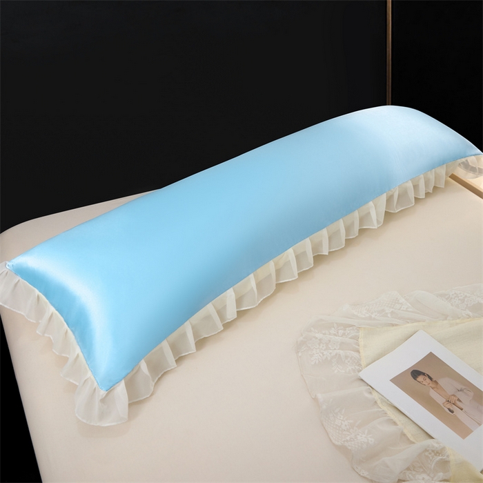 91家纺网 家纺一手货源 找家纺 梦舒羽 2025新款公主风夏季冰丝枕套双人情侣枕头套加长枕芯套1.5m内胆套 花边款-天空蓝