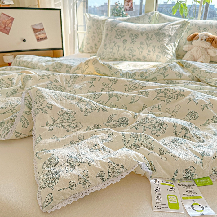 91家纺网 家纺一手货源 找家纺 创优  2025新款有氧双层纱小清新印花小花边夏被夏凉被可机洗空调被子被芯 海岛森林