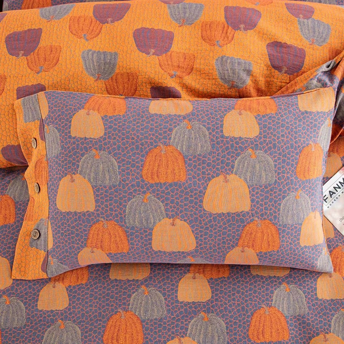 91家纺网 家纺一手货源 找家纺 双层纱家居 2025新款浅色系列双层纱四件套 南瓜-橘蓝