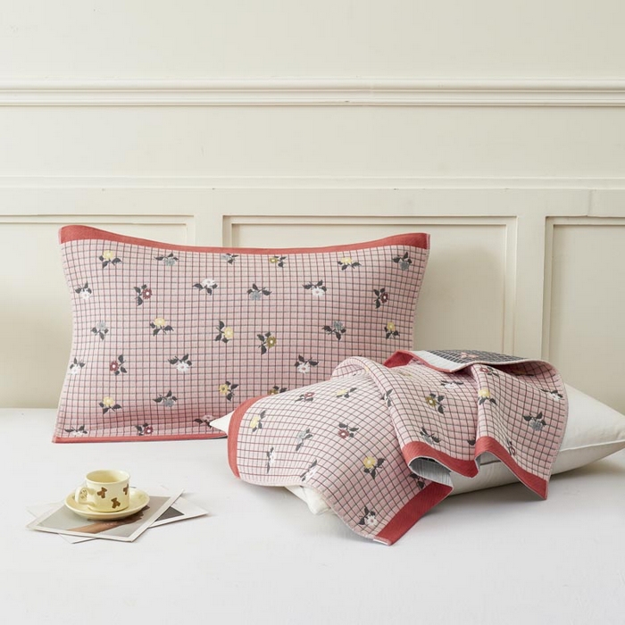 91家纺网 家纺一手货源 找家纺 2025新款纯棉加厚精梳棉纱布枕巾 花韵-粉 52*78cm/对