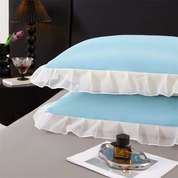 91家纺网 家纺一手货源 找家纺 梦舒羽 2025新款公主风夏季冰丝枕套单人一对装可水洗花边枕头套宿舍48x74cm枕芯套枕头套 花边款-天空蓝