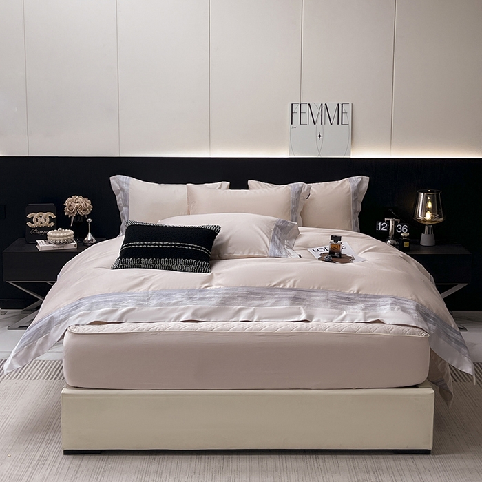 91家纺网 家纺一手货源 找家纺 春夏A类长绒棉夹棉床盖床笠四件套全棉纯棉纯色绗绣四季款保护罩高级感床上用品 瑾雅-静谧粉