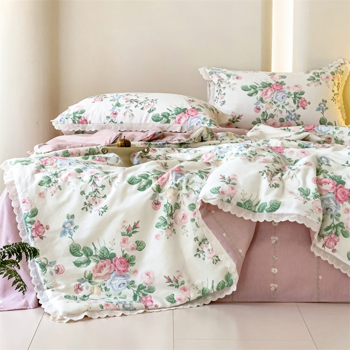 91家纺网 家纺一手货源 找家纺 2025新款全棉花边大豆夏被四件套 可妮露