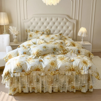 恋尚 2025新款全棉纯棉蕾丝印花床笠裙四件套 向朵