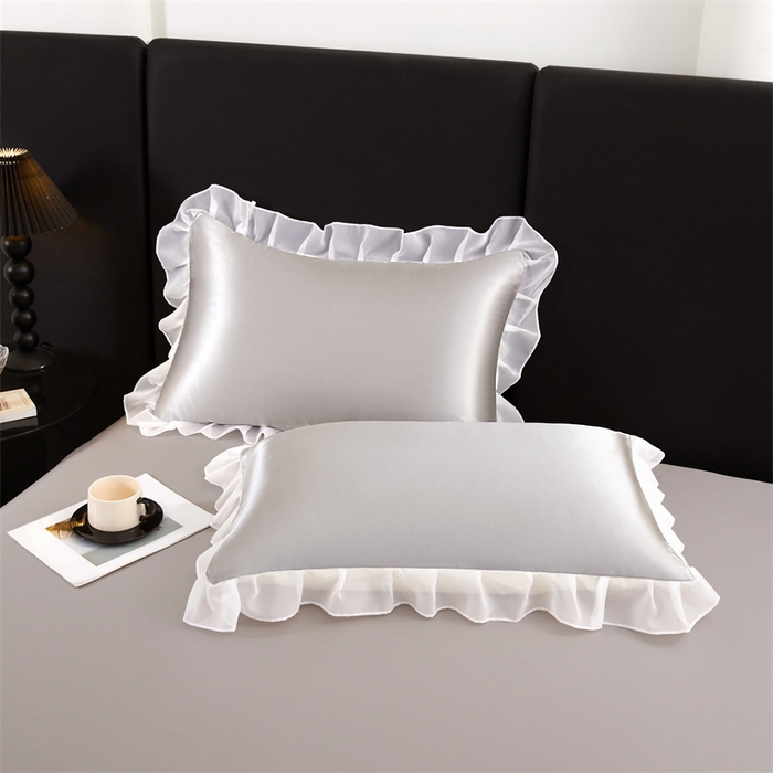 91家纺网 家纺一手货源 找家纺 梦舒羽 2025新款公主风夏季冰丝枕套单人一对装可水洗花边枕头套宿舍48x74cm枕芯套枕头套 花边款-典雅灰