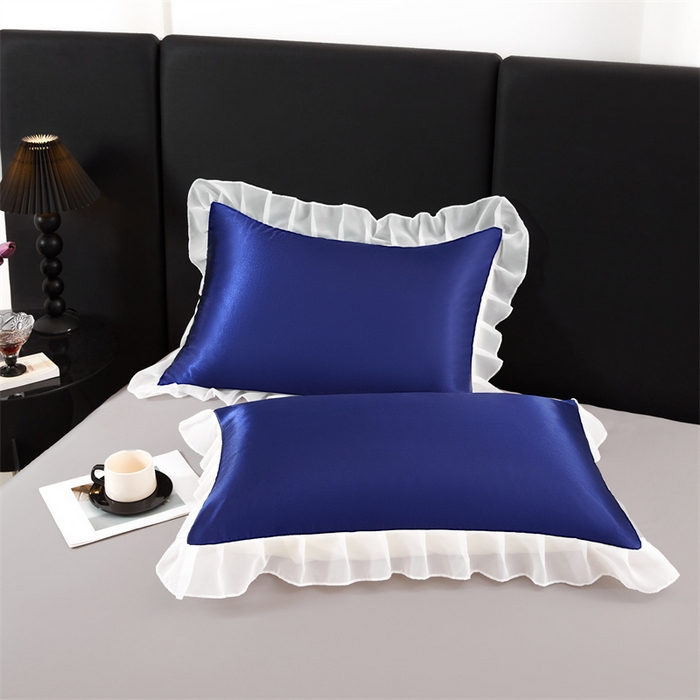 91家纺网 家纺一手货源 找家纺 梦舒羽 2025新款公主风夏季冰丝枕套单人一对装可水洗花边枕头套宿舍48x74cm枕芯套枕头套 花边款-深海蓝