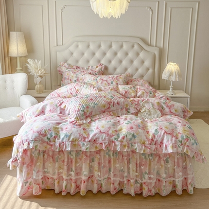 恋尚 2025新款全棉纯棉蕾丝印花床笠裙四件套 蔓朵