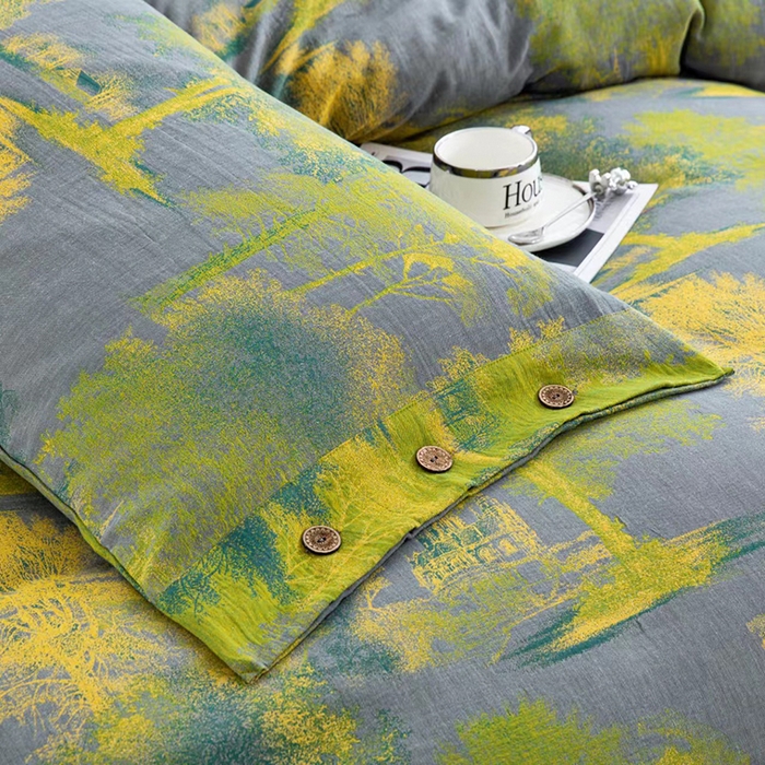 91家纺网 家纺一手货源 找家纺 双层纱家居 2025新款浅色系列双层纱四件套 漫步森林-灰