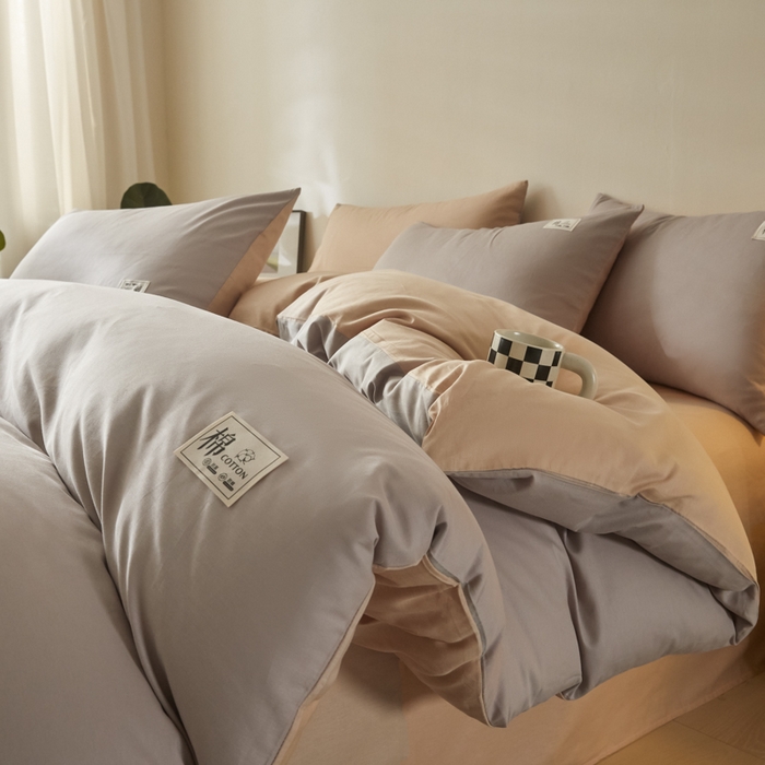 91家纺网 家纺一手货源 找家纺 莱通家纺 2025新款纯色双拼四件套 山灰+卡其