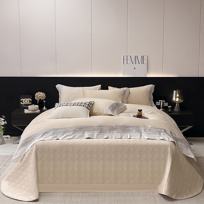 91家纺网 家纺一手货源 找家纺 春夏A类长绒棉夹棉床盖床笠四件套全棉纯棉纯色绗绣四季款保护罩高级感床上用品 瑾雅-束缦杏