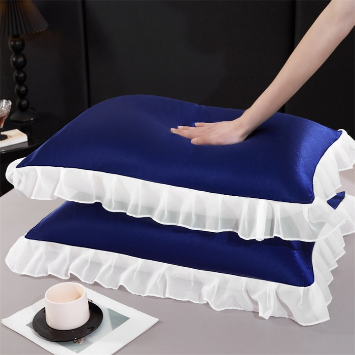 91家纺网 家纺一手货源 找家纺 梦舒羽 2025新款公主风夏季冰丝枕套单人一对装可水洗花边枕头套宿舍48x74cm枕芯套枕头套 花边款-深海蓝