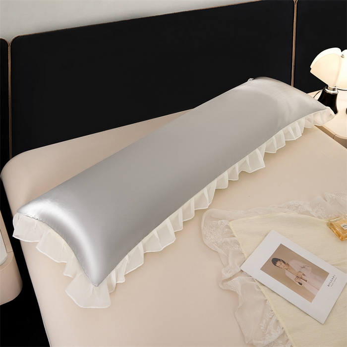 91家纺网 家纺一手货源 找家纺 梦舒羽 2025新款公主风夏季冰丝枕套双人情侣枕头套加长枕芯套1.5m内胆套 花边款-典雅灰