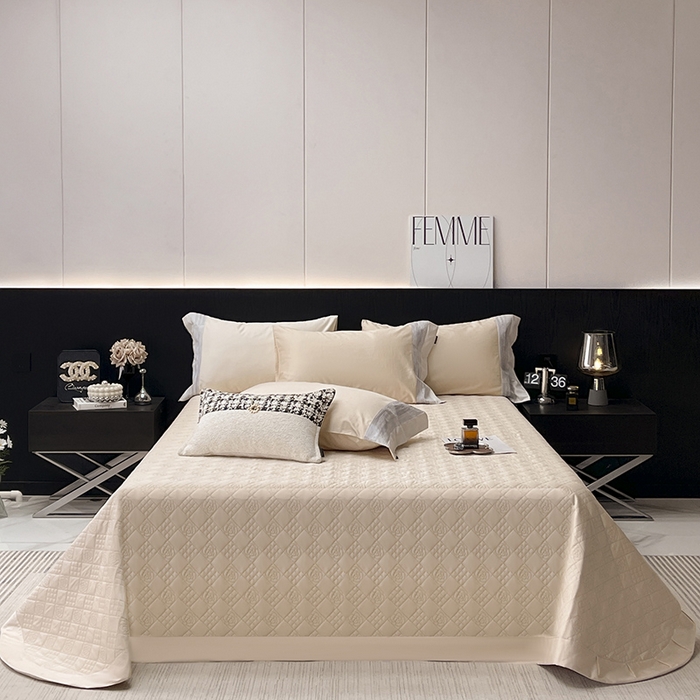 91家纺网 家纺一手货源 找家纺 春夏A类长绒棉夹棉床盖床笠四件套全棉纯棉纯色绗绣四季款保护罩高级感床上用品 瑾雅-束缦杏