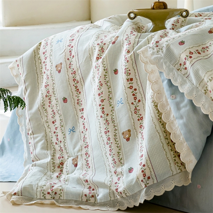 91家纺网 家纺一手货源 找家纺 2025新款全棉花边大豆夏被四件套 弗朗妮