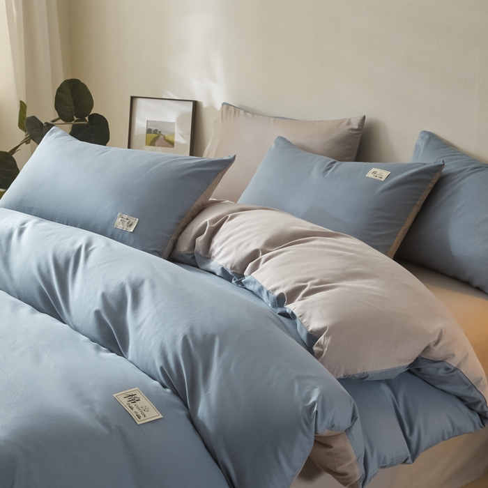 91家纺网 家纺一手货源 找家纺 莱通家纺 2025新款纯色双拼四件套 天空蓝+山灰
