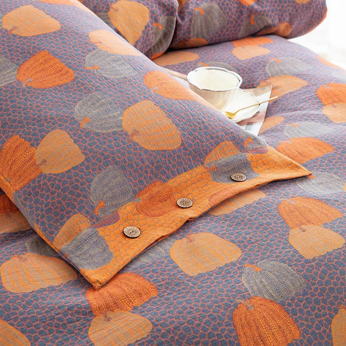 91家纺网 家纺一手货源 找家纺 双层纱家居 2025新款浅色系列双层纱四件套 南瓜-橘蓝