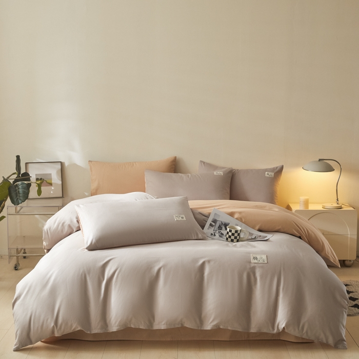 91家纺网 家纺一手货源 找家纺 莱通家纺 2025新款纯色双拼四件套 山灰+卡其