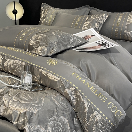 金阳光家纺 2025新款金丝提花浮雕水洗天丝四件套 花絮-深灰