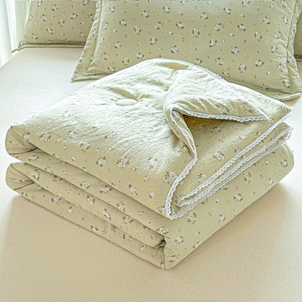 创优  2025新款有氧双层纱小清新印花小花边夏被夏凉被可机洗空调被子被芯 素雅茶绿