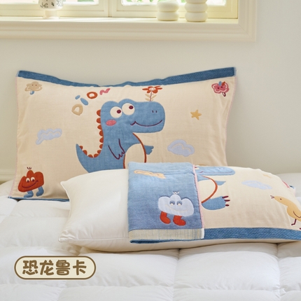 2025新款可爱卡通全棉八层纱布加厚枕巾 恐龙鲁卡