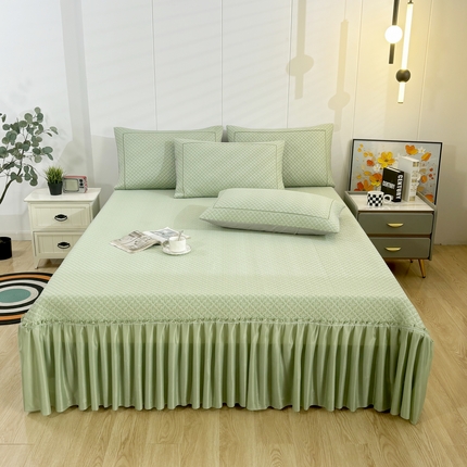 伊而梦蚊帐 2025新款A类3D凉感冰豆豆床裙款凉席席子 单边方格四叶-绿三件套