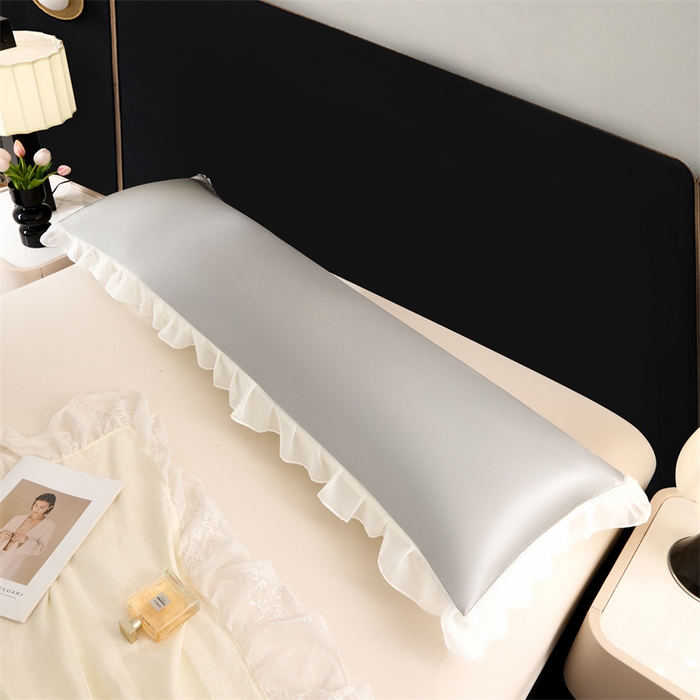 91家纺网 家纺一手货源 找家纺 梦舒羽 2025新款公主风夏季冰丝枕套双人情侣枕头套加长枕芯套1.5m内胆套 花边款-典雅灰