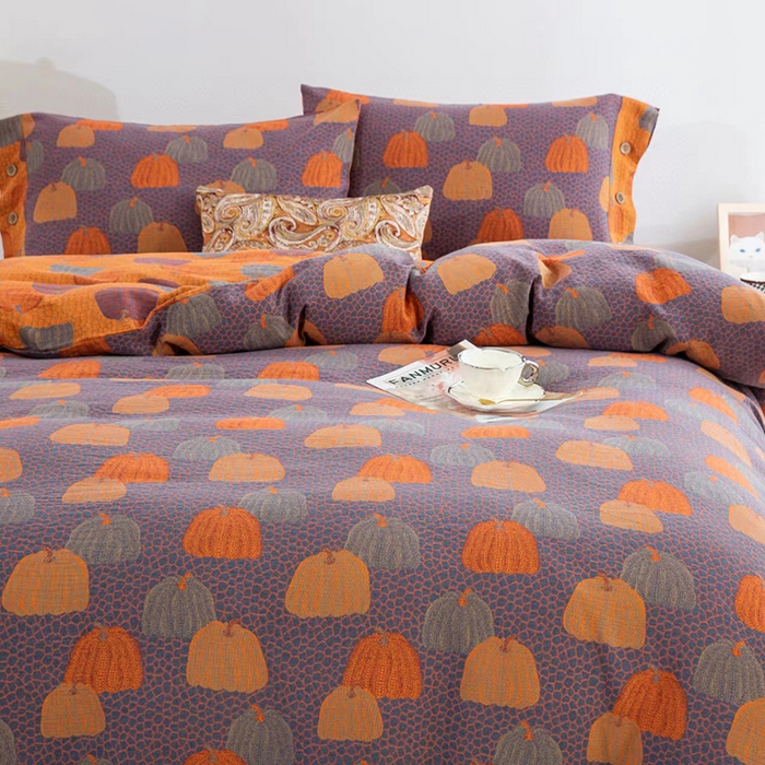 91家纺网 家纺一手货源 找家纺 双层纱家居 2025新款浅色系列双层纱四件套 南瓜-橘蓝